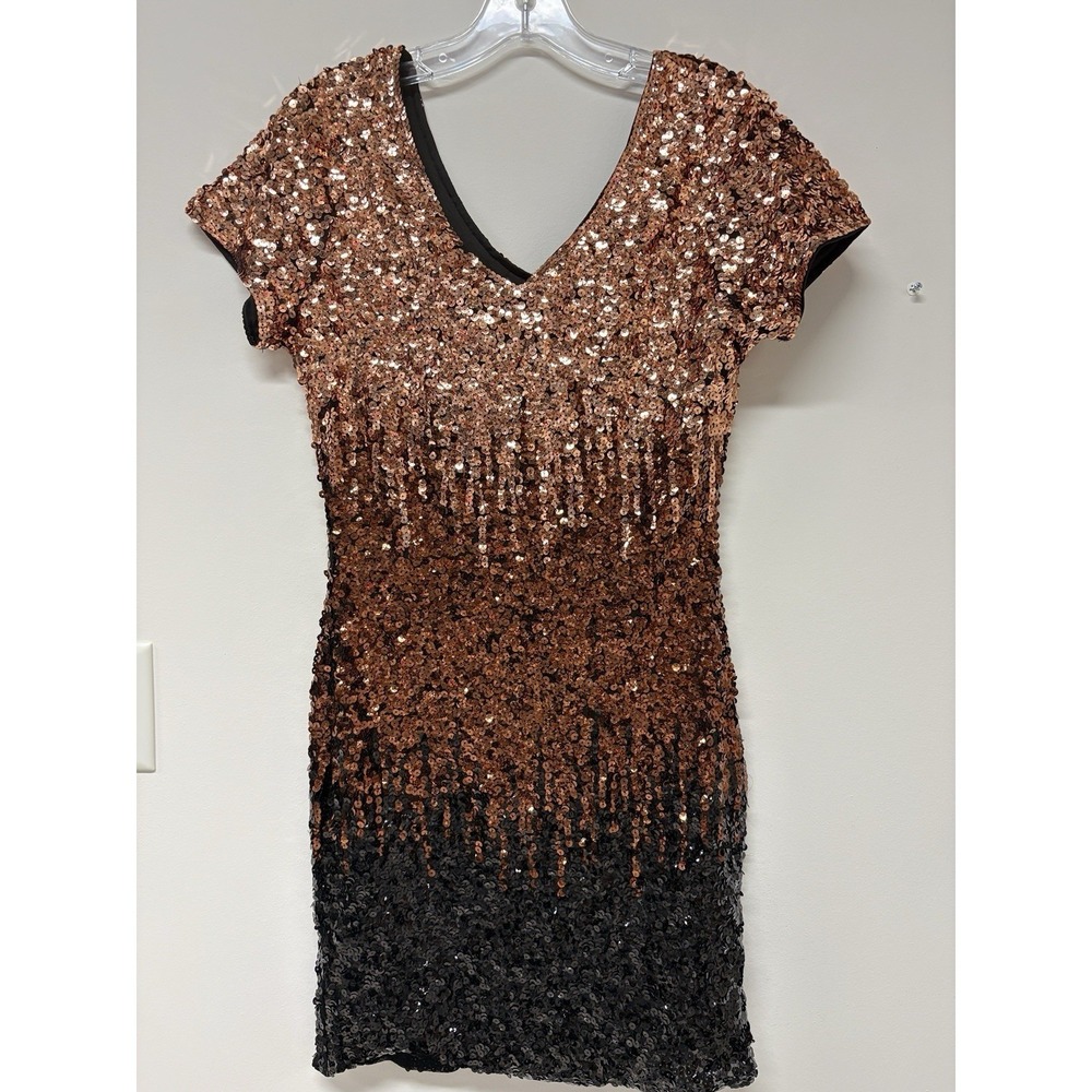 Ombre Sequin Bodycon Dress V-Neck Cap Sleeve Copper Bronze Black Cocktail Midi - Picture 5 of 10